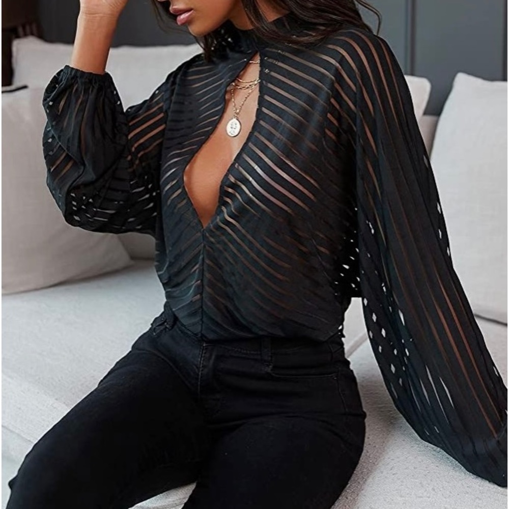 Women's Sheer Mesh Cut Out Tops Blouse Long Sleeve Mock Neck Shirt
